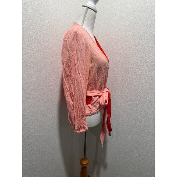 Farm Rio for Anthropologie Color Block Wrap Top Sz M Peach Red Orange - Picture 6 of 9
